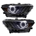 Ford Mustang headlights with white LED halo rings.