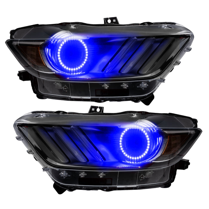 Ford Mustang headlights with blue LED halo rings.