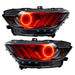 Ford Mustang headlights with red LED halo rings.