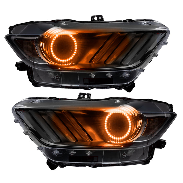 Ford Mustang headlights with amber LED halo rings.