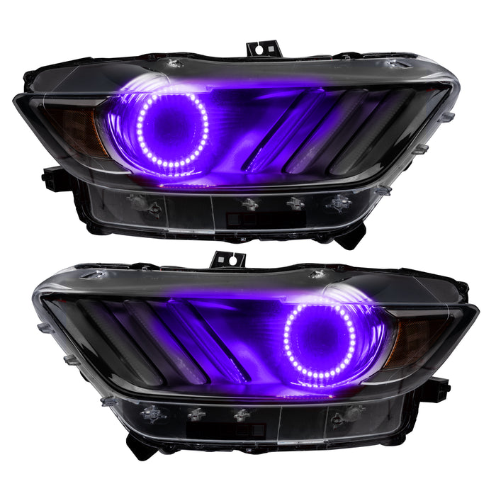 Ford Mustang headlights with purple LED halo rings.