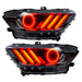 Ford Mustang headlights with red halos and DRLs.