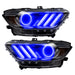 Ford Mustang headlights with blue halos and DRLs.