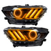 Ford Mustang headlights with amber halos and DRLs.