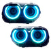 Dodge Challenger headlights with cyan LED halo rings.