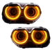 Dodge Challenger headlights with amber LED halo rings.