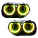 Dodge Challenger headlights with yellow LED halo rings.