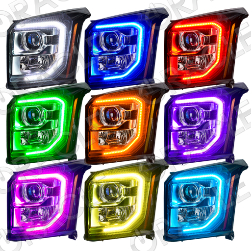 Grid view of GMC Yukon headlights showing different LED halo colors.