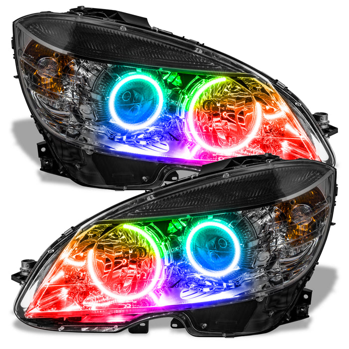 Mercedes-Benz C-Class W204 headlights with ColorSHIFT LED halo rings.