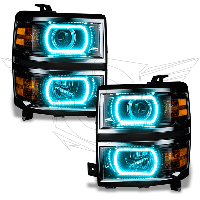 Chevrolet Silverado headlights with cyan LED halo rings.