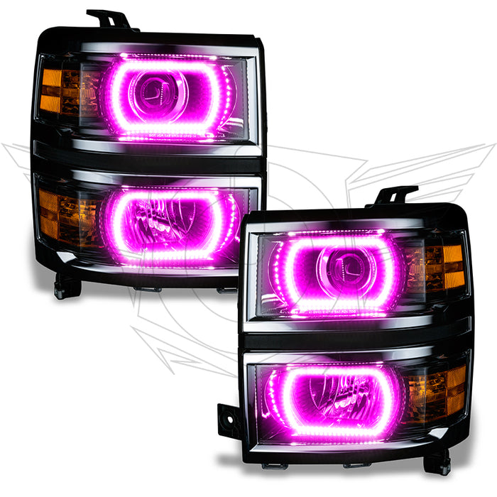 Chevrolet Silverado headlights with pink LED halo rings.