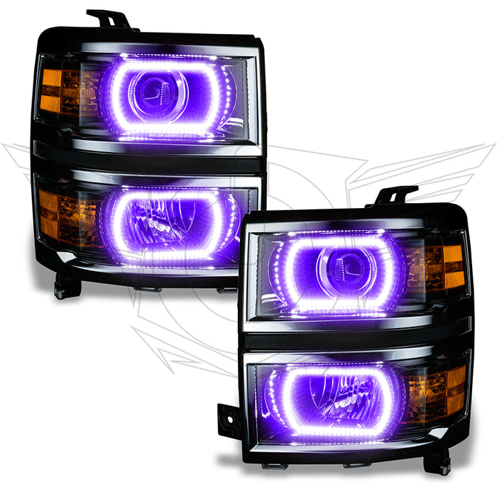 Chevrolet Silverado headlights with purple LED halo rings.