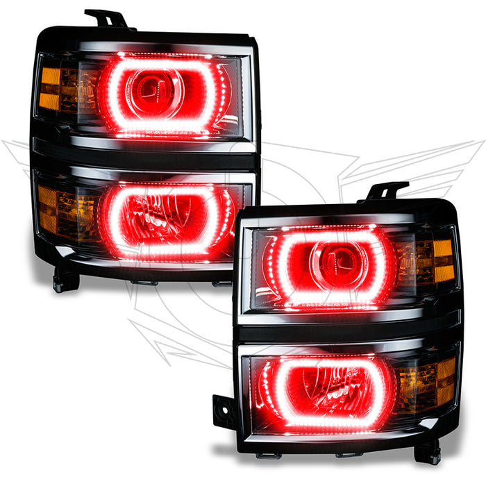 Chevrolet Silverado headlights with red LED halo rings.