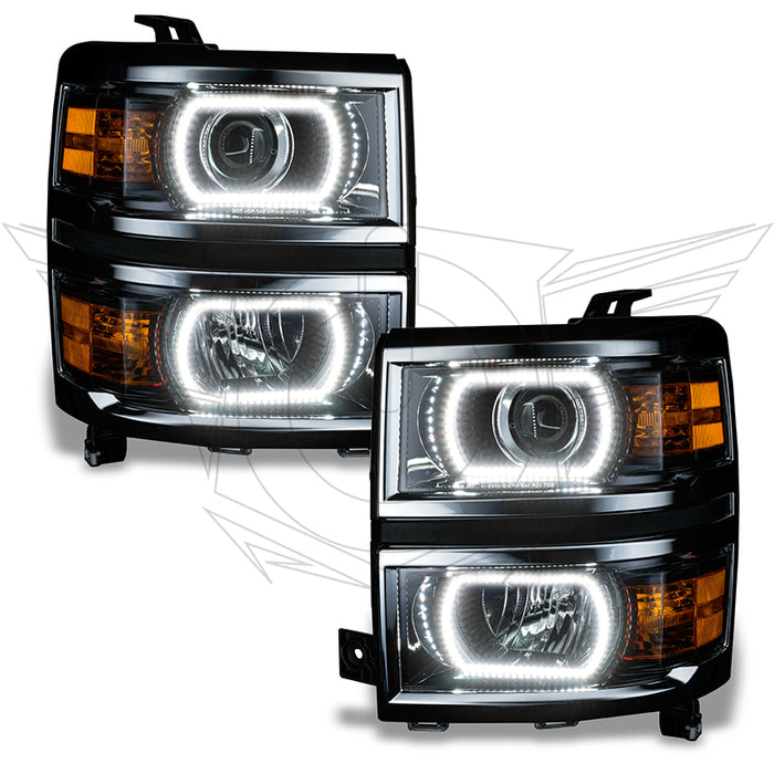Chevrolet Silverado headlights with white LED halo rings.