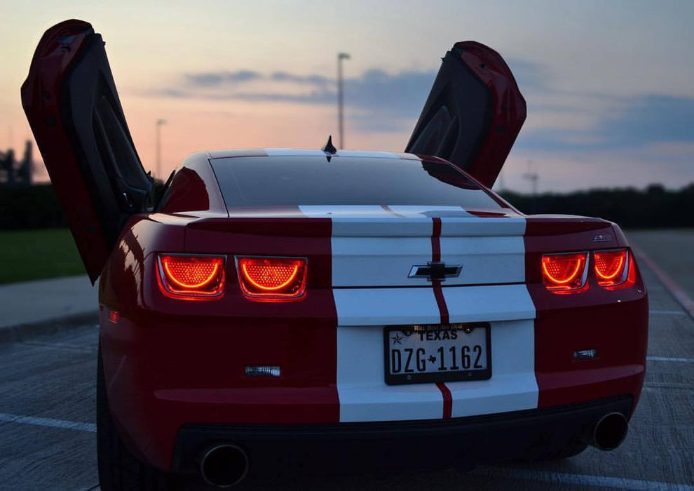 Rear end of a Chevrolet Camaro with Afterburner Tail Light halos installed.