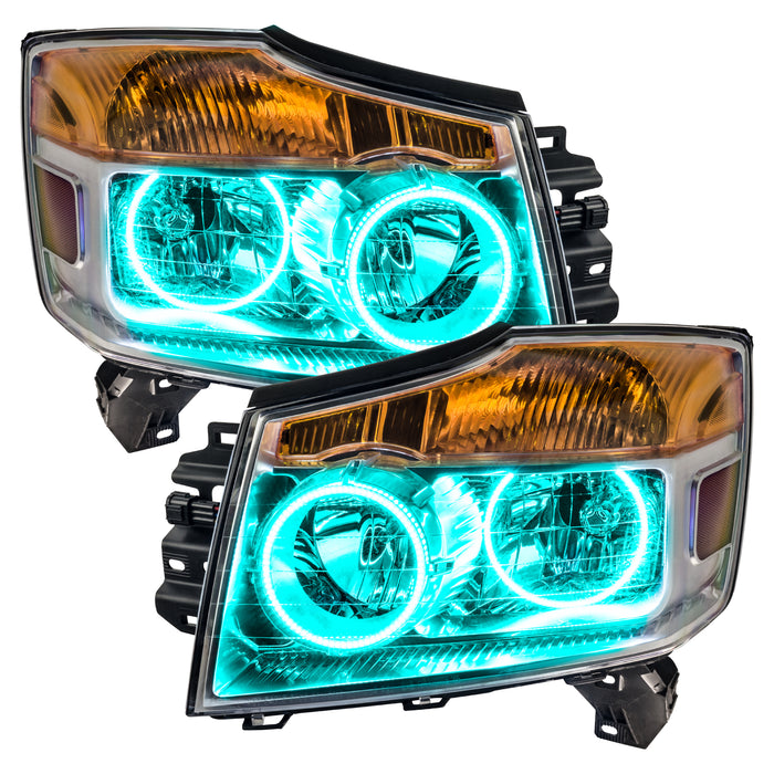 Nissan Armada headlights with cyan LED halo rings.