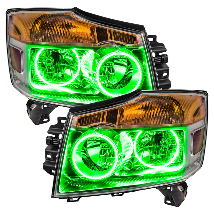Nissan Titan headlights with green LED halo rings.
