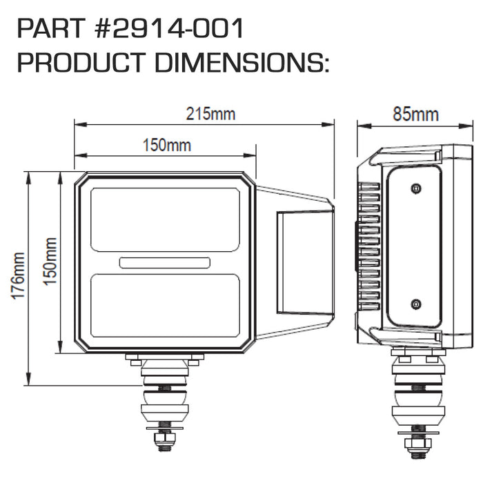 Diagram of Multifunction LED Plow Headlight with Heated Lens with measurements.