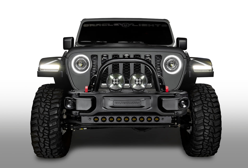 Front view of a Jeep with 7" Multifunction LED Spotlights set to white LED.