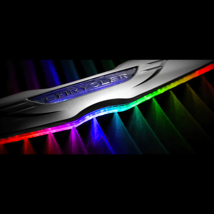 Close-up of Gen II Chrysler Illuminated LED Rear Wing Emblem with ColorSHIFT LEDs.