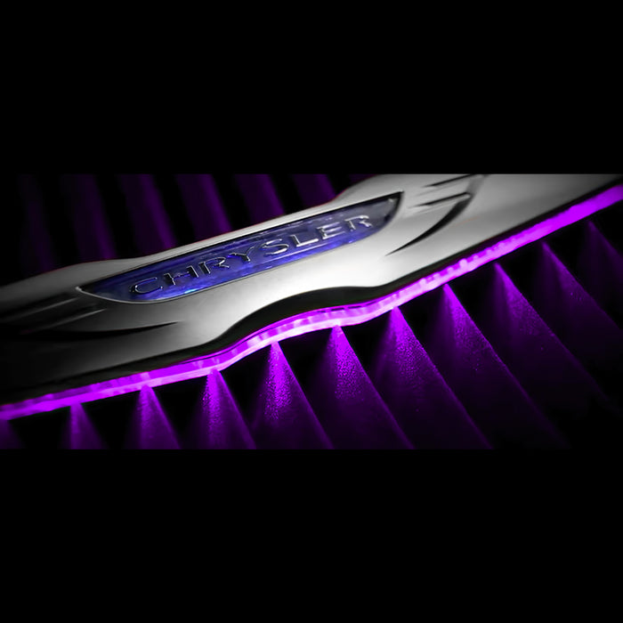 Close-up of Gen II Chrysler Illuminated LED Rear Wing Emblem with purple LEDs.