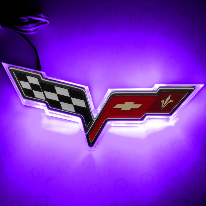 2005-2013 Chevrolet C6 Corvette Illuminated Emblem with purple LEDs.