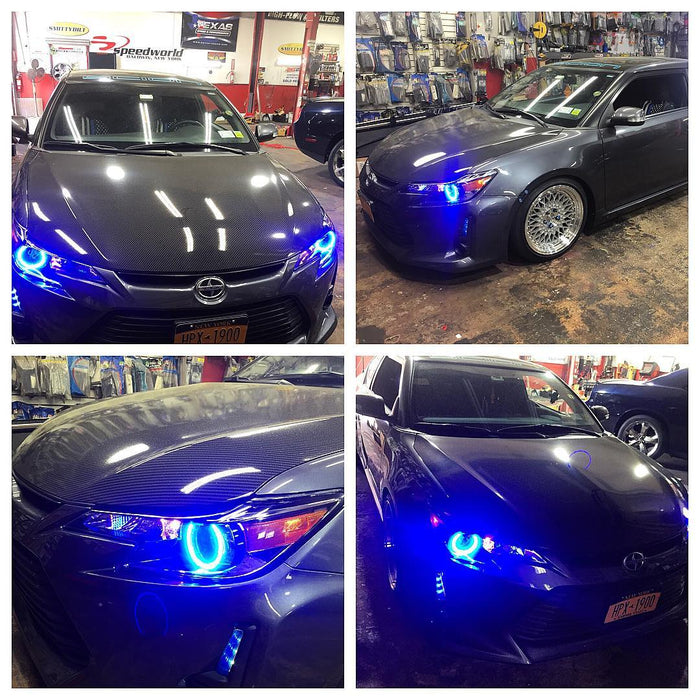 Multi-view of a Scion tC with blue LED headlight halo rings installed.
