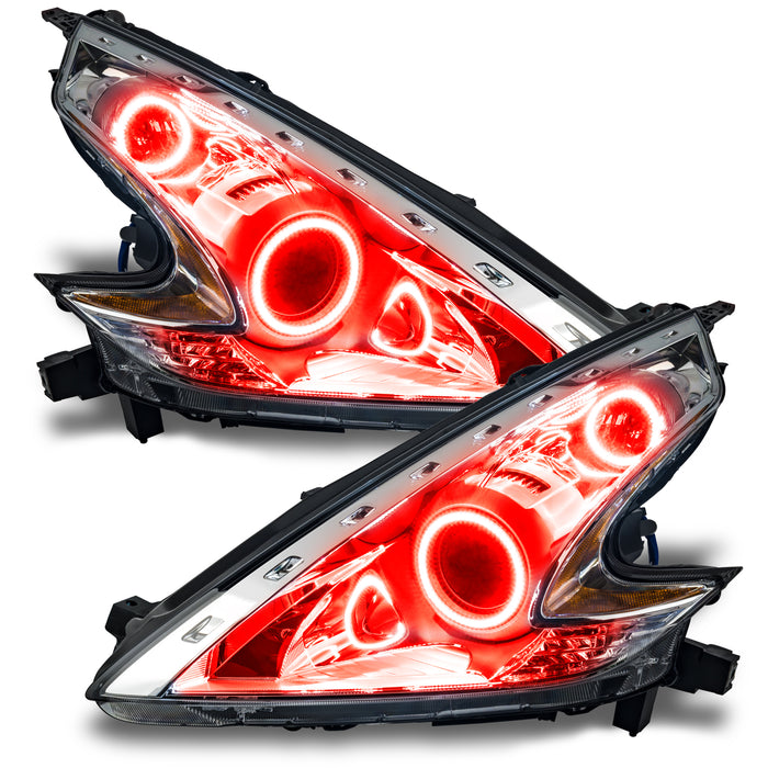 Nissan 370Z headlights with red LED halo rings.