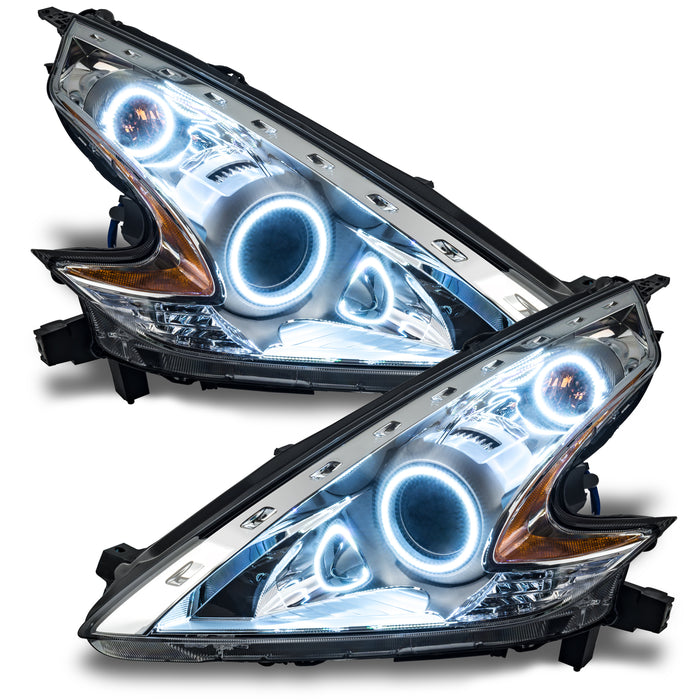 Nissan 370Z headlights with white LED halo rings.