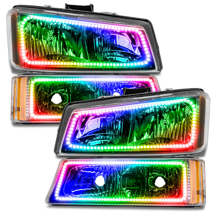 Chevy Silverado headlights with rainbow halo rings installed.
