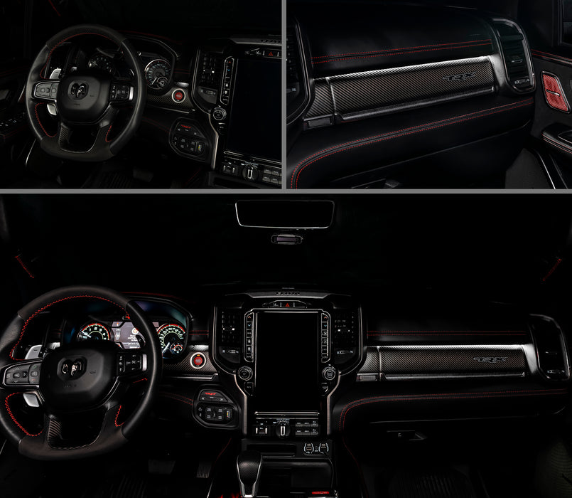 3 different views of RAM TRX interior with white ambient lighting.