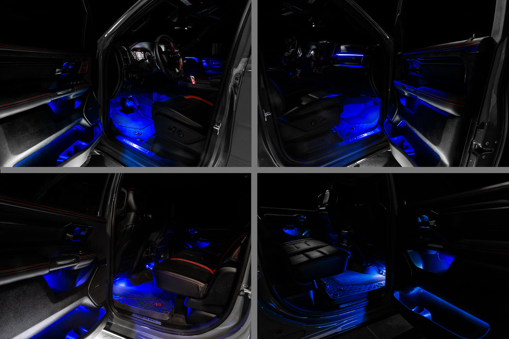 4 different view of RAM TRX interior with blue ambient lighting.