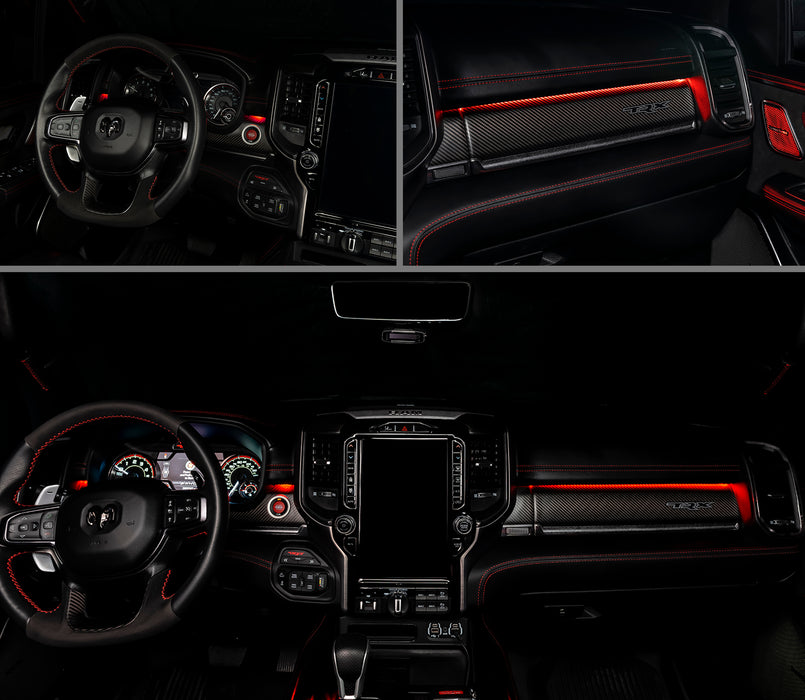 Views of RAM interior with red accents on dash