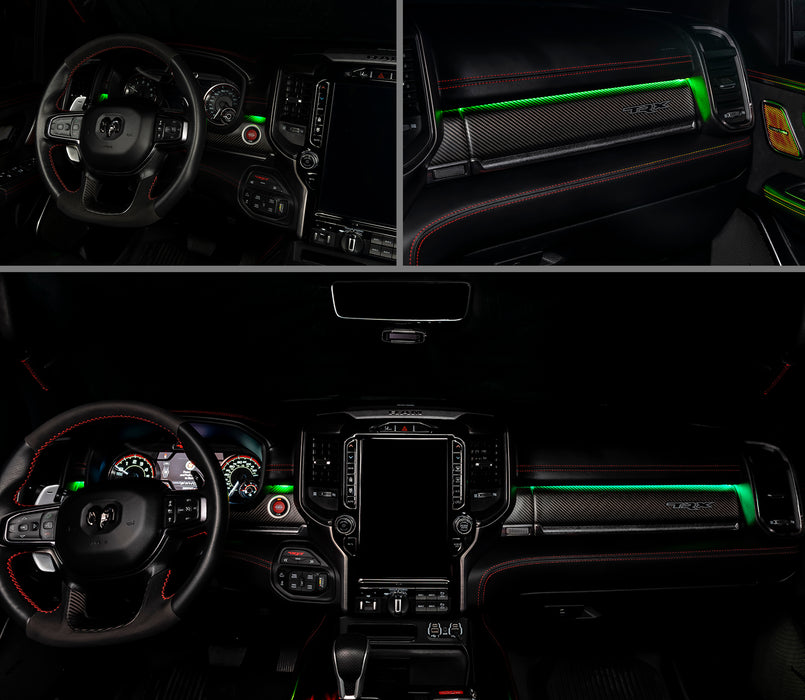 3 different views of RAM TRX interior with green ambient lighting.