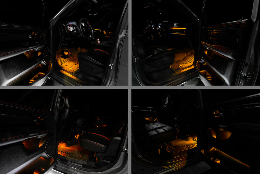 4 different view of RAM TRX interior with amber ambient lighting.