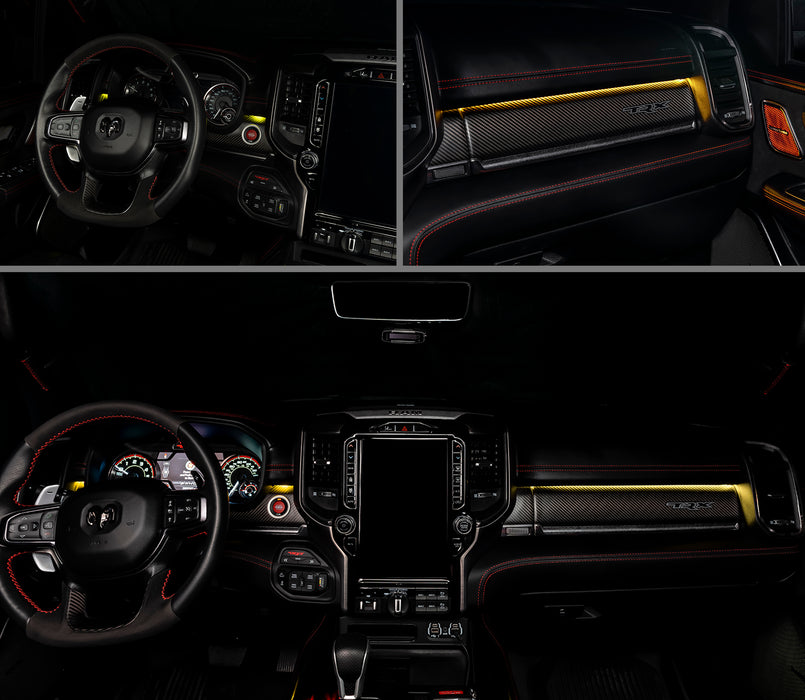 3 different views of RAM TRX interior with yellow ambient lighting.