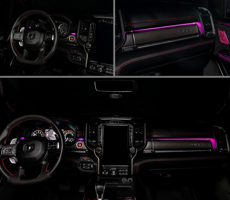 3 different views of RAM TRX interior with pink ambient lighting.