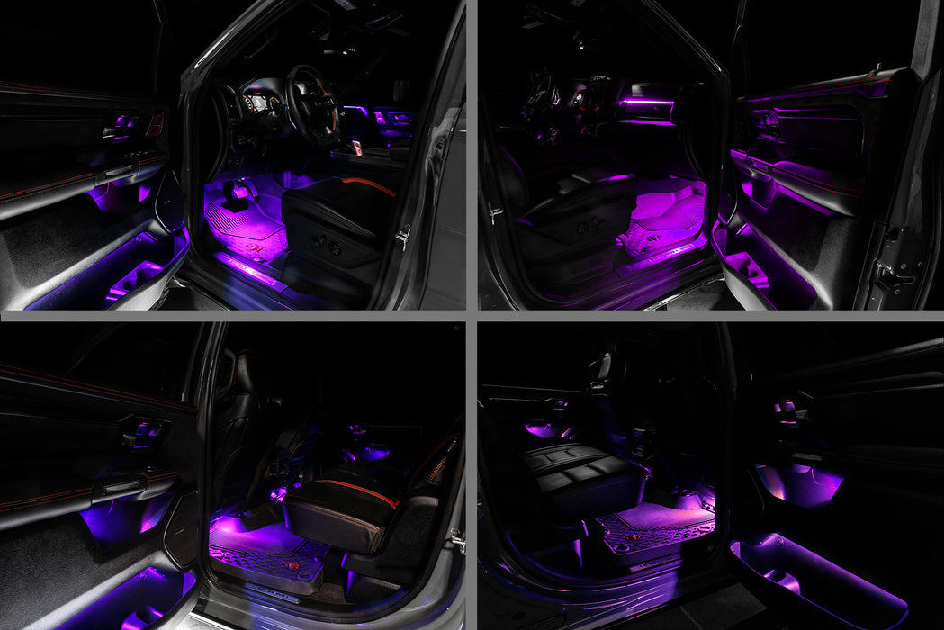 4 different view of RAM TRX interior with pink ambient lighting.