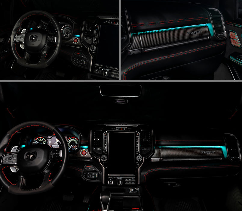 3 different views of RAM TRX interior with cyan ambient lighting.
