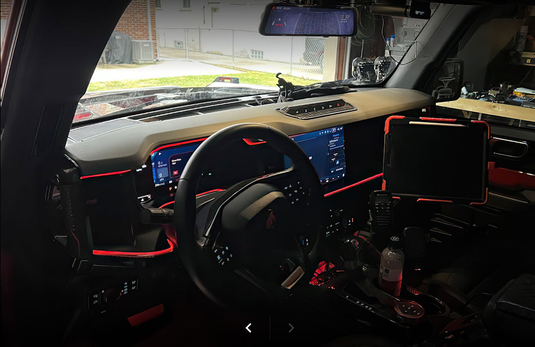 Ford Bronco interior with red fiber optic lighting installed.