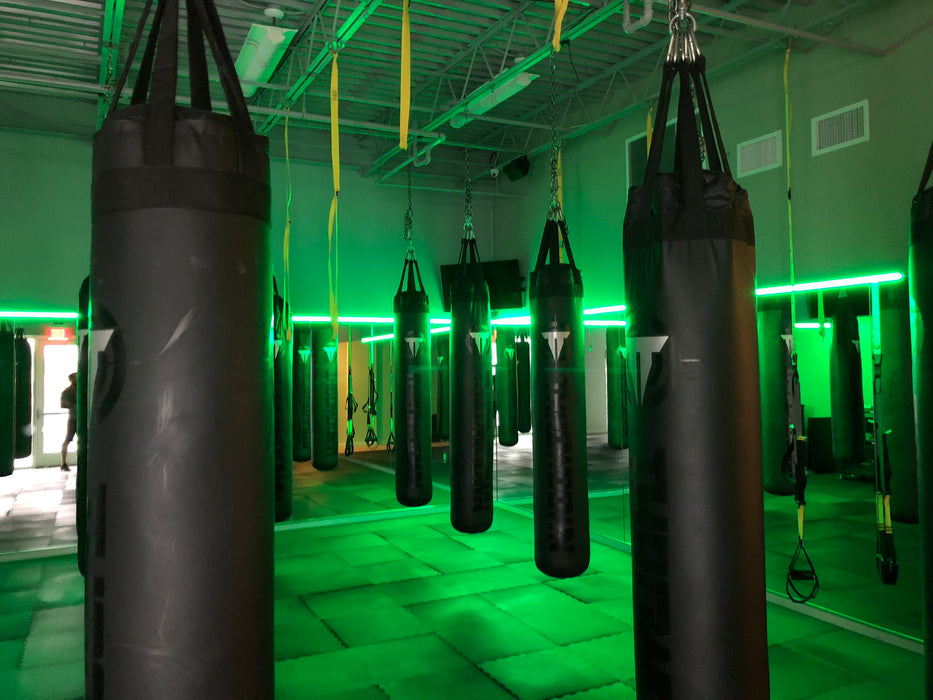 Workout room with green LED lighting strips above the mirrors.