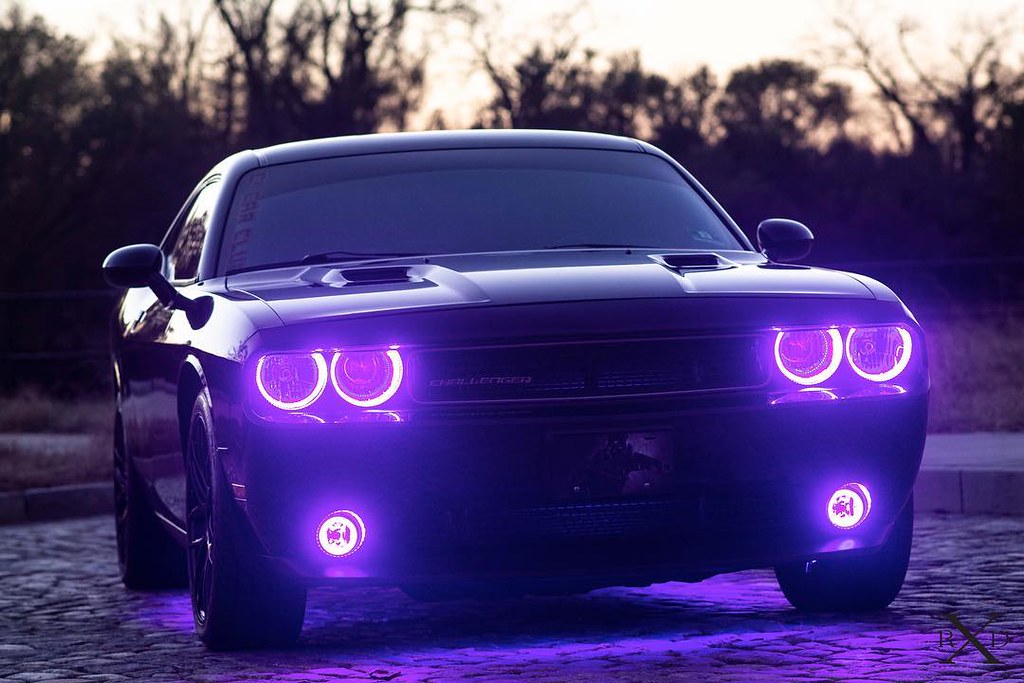 Black Challenger with purple halo headlights.