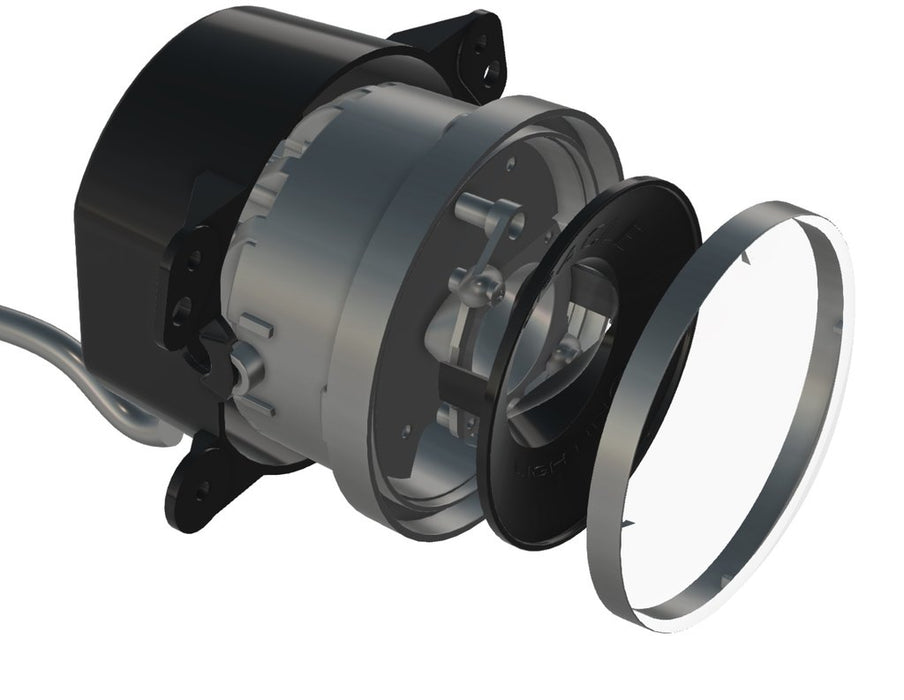 CAD render of high powered 20W fog light and its components