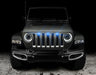 Front end of a Jeep Wrangler JL with cyan Pre-Runner Style LED Grill Light Kit installed.