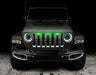 Front end of a Jeep Wrangler with green LED Grill Light Kit installed.