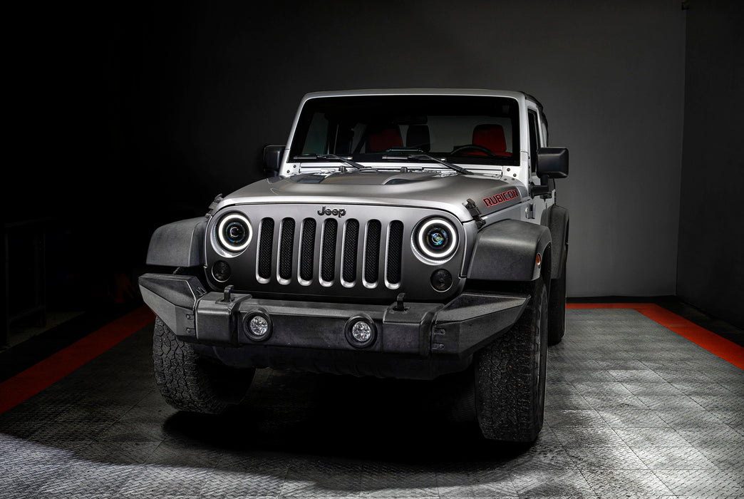 Front view of Jeep Wrangler JK with 7" Oculus Switchback Headlights.