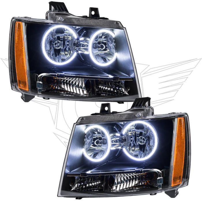 Chevrolet Avalanche headlights with white LED halo rings.