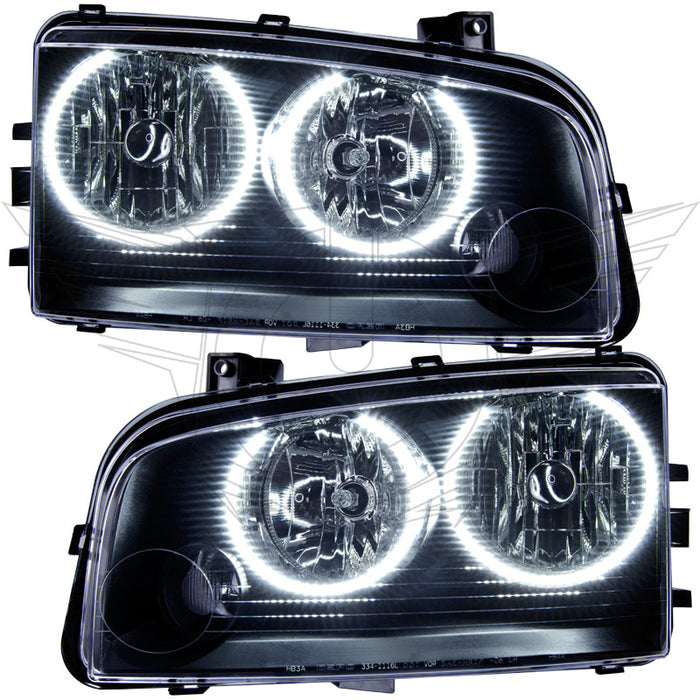 Dodge Charger headlights with white LED halo rings.