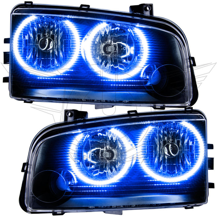 Dodge Charger headlights with blue LED halo rings.