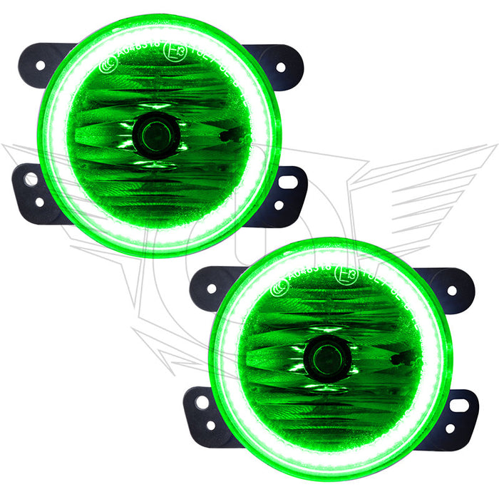 2011-2014 Dodge Charger Pre-Assembled Fog Lights with green LED halo rings.